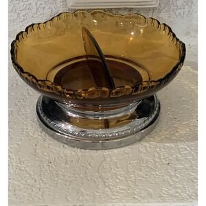 Art Deco Farber Bros. Krome-Kraft Divided Amber Glass Silver Candy Dish Bowl